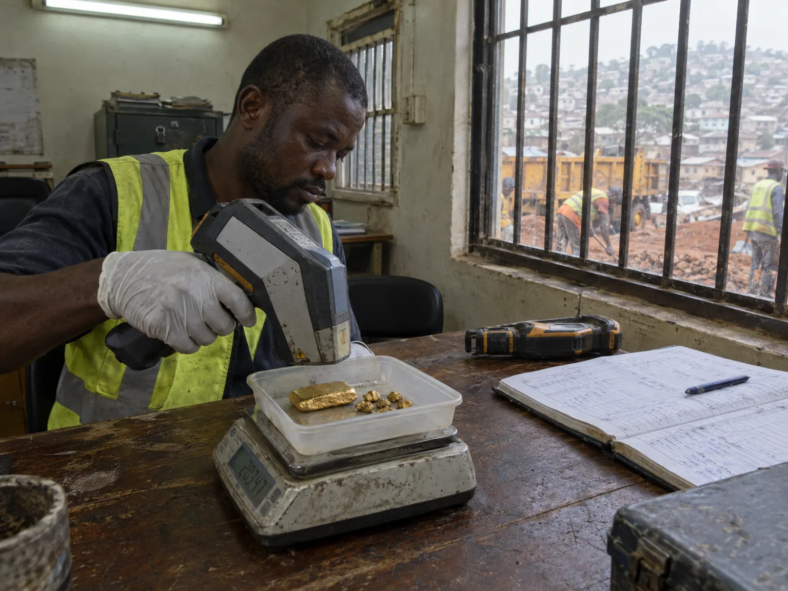 Gold buying office in Freetown: doré and nuggets on the scale