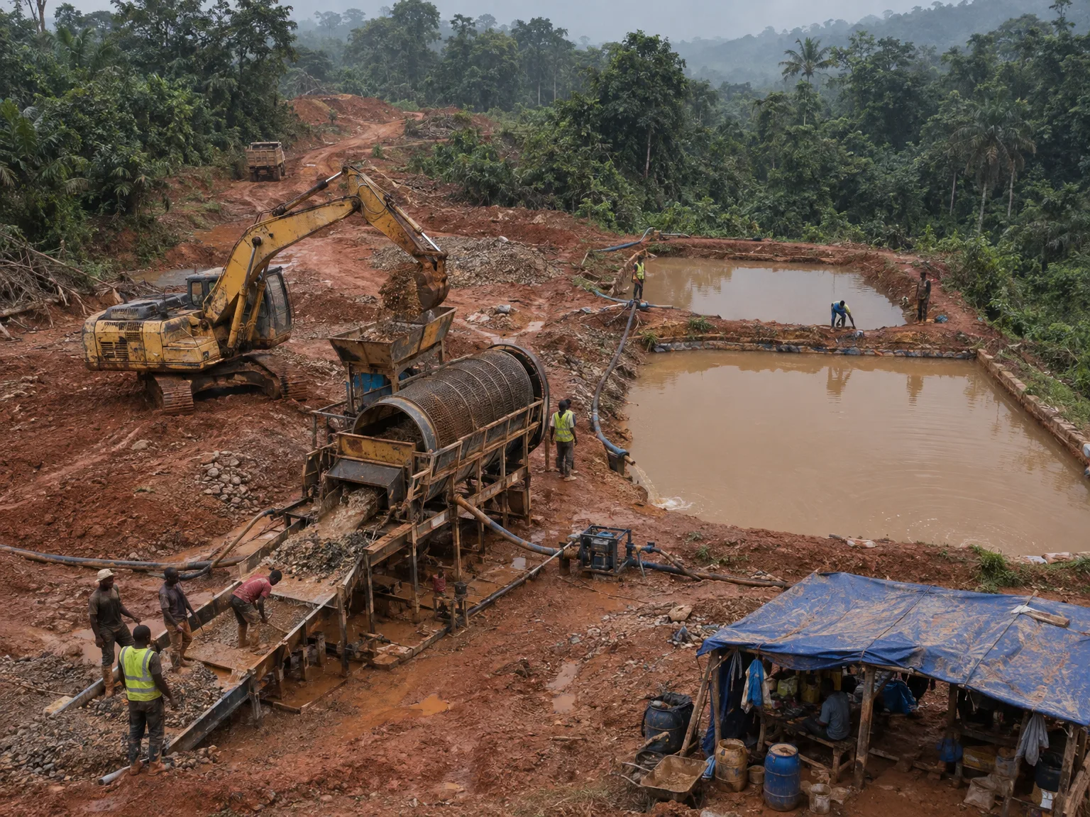 Aerial view of an alluvial mining site in Sierra Leone