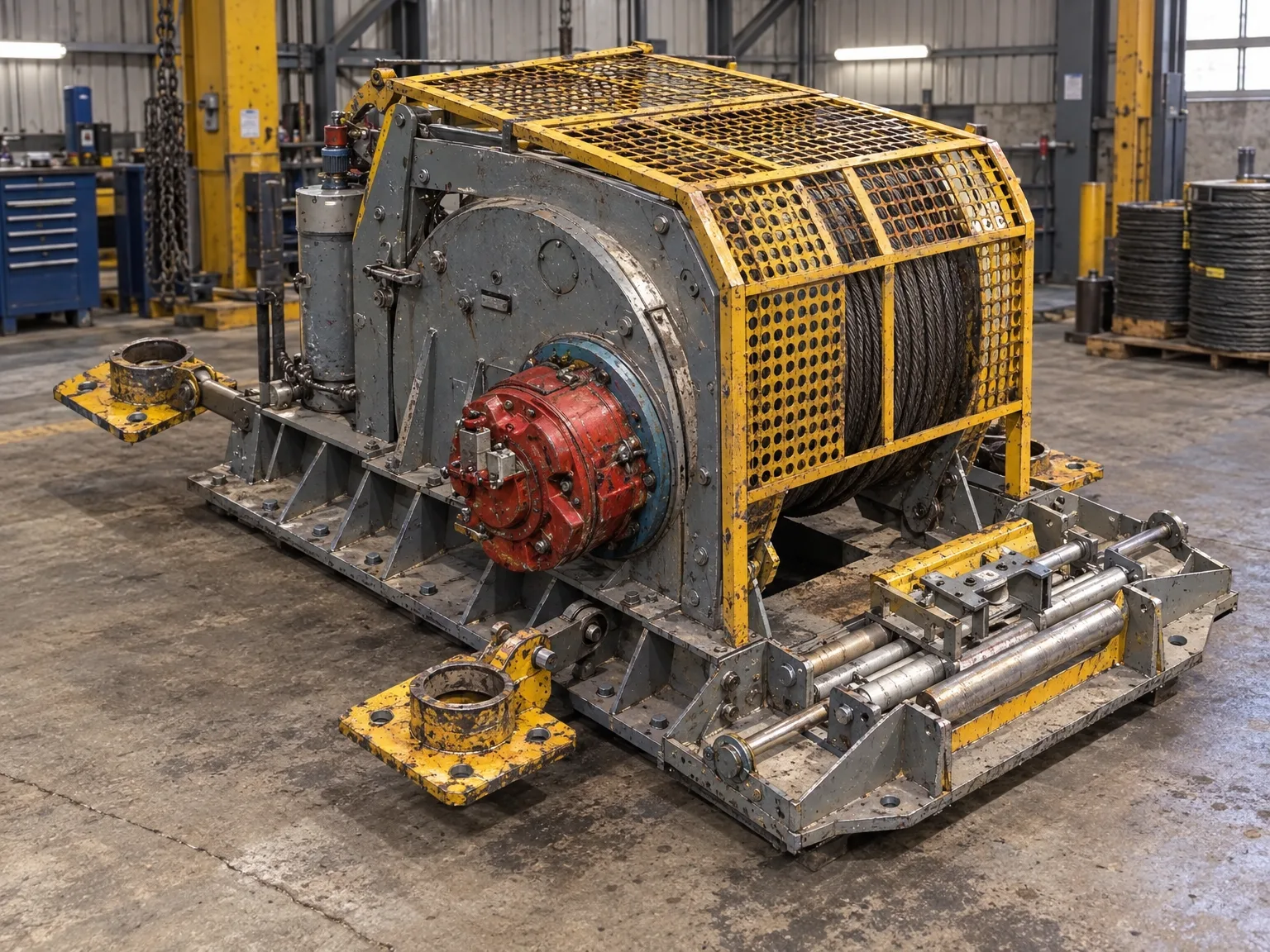 Electric mine winch with rope drum and cable stacker